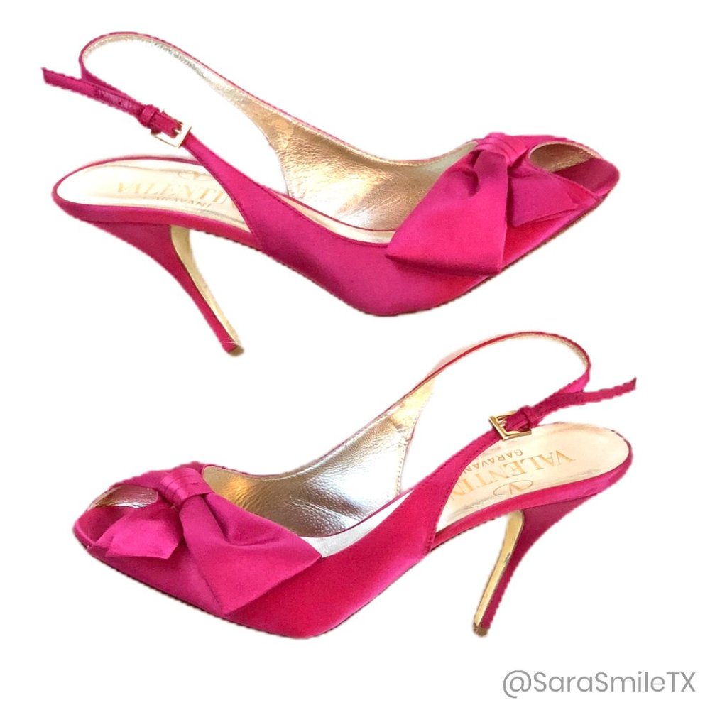 {VALENTINO GARAVANI} Bright Pink Satin Bow Open Toe Slingback Stiletto Pumps